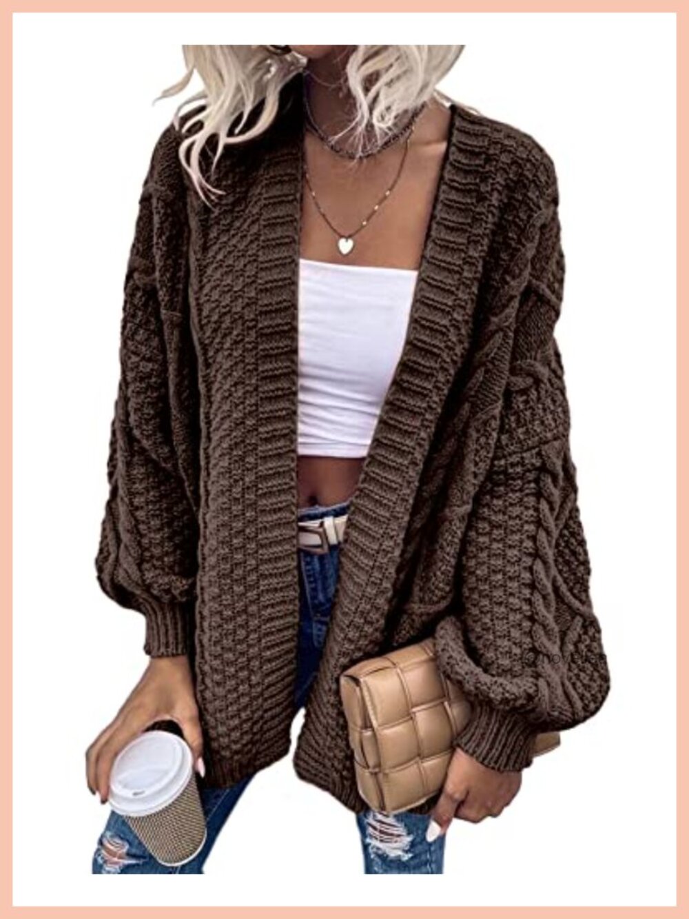 Oversized Cable Knit Lantern Sleeve Cardigan Sweater Women